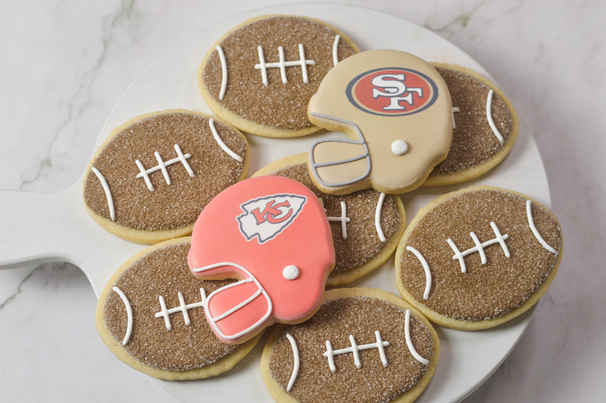 decorated football helmet cookies Super Bowl 2024 – Great One Cookie Company